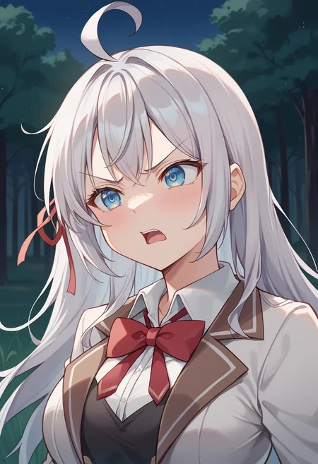 1girl, alisa mikhailovna kujou,
long hair, silver hair, blue eyes, ahoge, hair ribbon, white shirt, collared shirt, bowtie, skirt, jacket, blush, angry, open mouth, red bowtie, large breasts, vest,
field, forest, night, upper body,
score_9, score_8_up,
<lora:alya-pony:1>