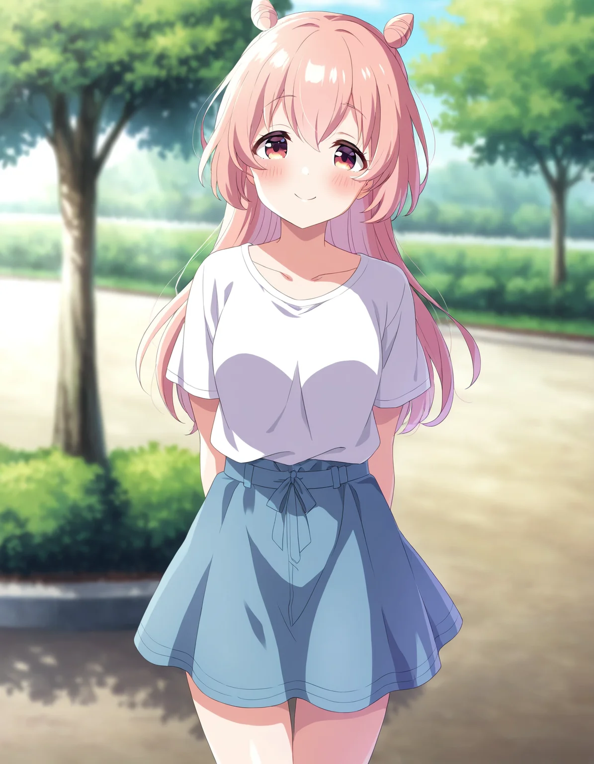 1girl, solo, cowboy shot, akazaki kokoro, idoly pride, casual, plain t-shirt, miniskirt, standing, arms behind back, looking at viewer, smile, blush, outdoors, park, day, BREAK, <lora:iKokoro:0.72>,
very aesthetic, high definition, amazing quality, masterpiece, best quality, highres, absurdres, sensitive, newest, anime screenshot, screencap