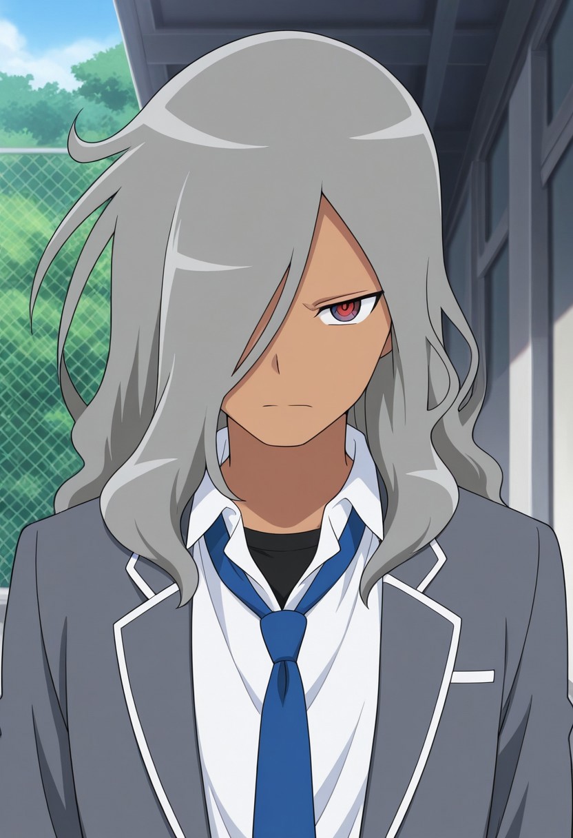 masterpiece,best quality,amazing quality, source_anime,
HaizakiRyouhei, 1boy, male focus, solo, dark skin, dark-skinned male, red eyes, grey hair, long hair, hair over one eye, school uniform, black undershirt, white shirt, collared shirt, necktie, blue necktie, jacket, grey jacket, open jacket, 
outdoor,