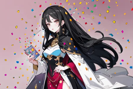 highly insanely detailed, masterpiece, top quality, best quality, highres, 4k, 8k, RAW photo, (very aesthetic, beautiful and aesthetic),  
beth_\(megami_tensei\),bethsmtii,shin megami tensei ii,long hair,black hair,straight hair,sleek black,jewelry,cross,headband,red_lipstick,white cape,cape_with_messian_symbol,Religious_cape,messian_symbol_cape,holy_knight_cape, 
<lora:zs_Beth:0.3>, 
(1girl:1.3), 1other, 
a colorful background,(colored confetti background:1.4),âââ