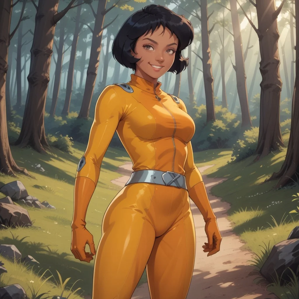 score_9, score_8, BREAK, solo, Alex_(Totally_Spies), short hair, black hair, bob cut, brown eyes, dark skin, dark skin female, yellow latex bodysuit, belt, skin tight, yellow gloves, high heels, sexy pose, self portrait, smile, looking at viewer, outdoors, sunlight, shadows, evening lighting, natural lighting, forest, trees, grass, orange sky, sunset