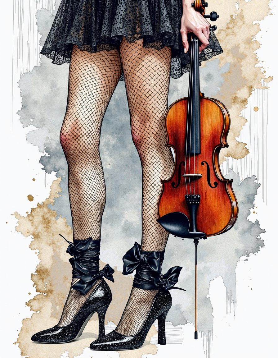 This is a digital artwork created in a mixed media style, blending elements of watercolor and ink.
A striking close-up view of a person's legs and feet, with the focus on the lower half of their body. The subject is dressed in a revealing, black, fishnet dress that reveals their legs, which are adorned with black fishnet stockings. The stockings are held up by black ribbons tied around the ankles. The dress has a mesh texture, creating a visually intriguing contrast with the solid black stockings.
The person is standing on high-heeled shoes, which are also black and have a glittery, shiny finish. The shoes feature a large, decorative bow on the ankle, adding an element of elegance and sophistication. The person is holding a wooden violin in their right hand, with the bow resting on the strings. The violin is a traditional, polished wood, with a dark brown finish and a glossy sheen.
The background is a plain, light gray, which contrasts with the dark clothing and the rich tones of the violin, drawing attention to the subject. The overall composition and styling suggest a blend of elegance and edginess, with a focus on the textures and contrasts between the various materials used. <lora:Illustration_Style_IV-3:0.85>