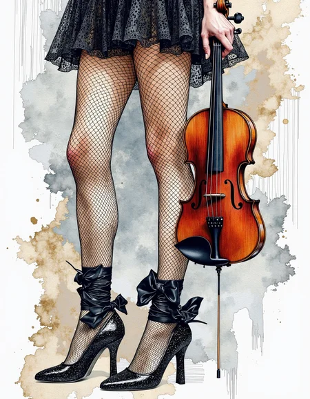 This is a digital artwork created in a mixed media style, blending elements of watercolor and ink.
A striking close-up view of a person's legs and feet, with the focus on the lower half of their body. The subject is dressed in a revealing, black, fishnet dress that reveals their legs, which are adorned with black fishnet stockings. The stockings are held up by black ribbons tied around the ankles. The dress has a mesh texture, creating a visually intriguing contrast with the solid black stockings.
The person is standing on high-heeled shoes, which are also black and have a glittery, shiny finish. The shoes feature a large, decorative bow on the ankle, adding an element of elegance and sophistication. The person is holding a wooden violin in their right hand, with the bow resting on the strings. The violin is a traditional, polished wood, with a dark brown finish and a glossy sheen.
The background is a plain, light gray, which contrasts with the dark clothing and the rich tones of the violin, drawing attention to the subject. The overall composition and styling suggest a blend of elegance and edginess, with a focus on the textures and contrasts between the various materials used. <lora:Illustration_Style_IV-3:0.85>