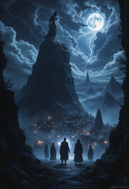 Haunting dark fantasy illustration of an ancient, twisted statue standing atop a steep cliff, overseeing a decaying metropolis shrouded in mist. The sky churns with ominous clouds and flashes of lightning, casting stark shadows across the landscape. Mysterious figures clad in flowing cloaks gather around the statue during a midnight ritual, their faces obscured, while ghostly wisps and ethereal lights dance in the air, hinting at forgotten lore and lost secrets.aidmaimageupgrader,Midjourney_Whisper,aidmaMJ6.1