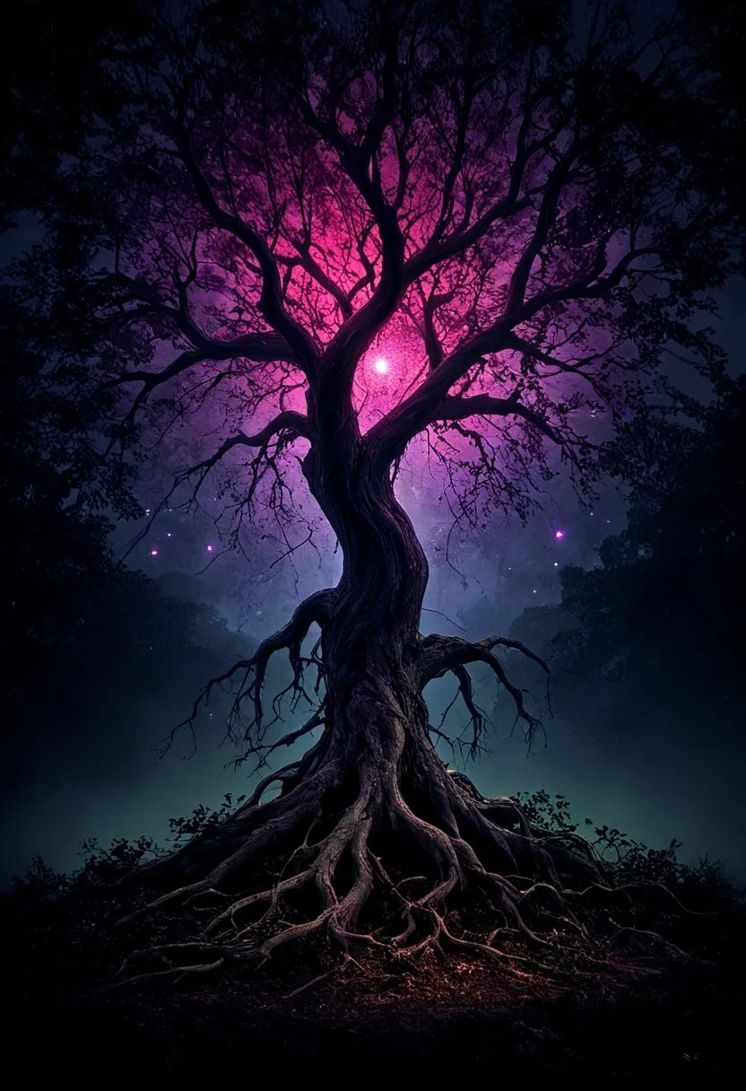 A glowing tree in darkness. This is a digital artwork featuring a stylized, surrealist representation of a tree with its roots. The trunk and branches of the tree are a deep, rich purple, fading to a lighter pink towards the top where the branches are most prominent. The roots of the tree are embedded beneath the trunk, with the roots extending outwards and downwards. Soft glowing shades of red, pink and purple with hints of blue and green take center stage, creating a cosmic, mist-like effect. The background is a deep dark blue, almost black. The tree can be seen far away in the darkness. The natural is combined with the supernatural in this image. glowing, midjourneyv6.1,masterpiece, award winning