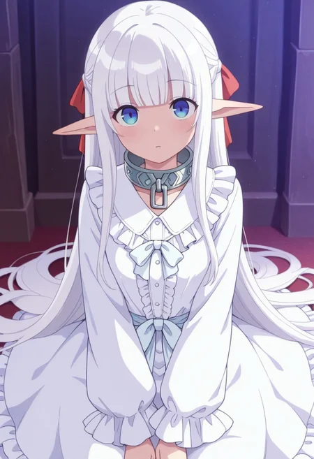 masterpiece,best quality,amazing quality, nephelia, long hair, pointy ears, elf, white hair, blue eyes, 1girl, solo, dress, white dress, frills, ribbon, blunt bangs, very long hair, long sleeves, collar, hair ribbon, looking at viewer