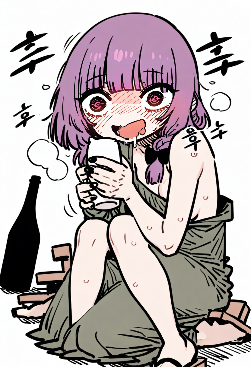 masterpiece, best quality,<lora:SSAMBAteaXL_ANI31_lokr_V53P1:0.95>  1girl, solo, geta, green dress, drunk, dress, braid, blush, alcohol, sitting, white background, bottle, bangs, hair over shoulder, @_@, long hair, simple background, open mouth, holding, blunt bangs, purple hair, korean text, black nails, bow, cup, hair bow, sake, two-tone jacket, drooling, sweat, jacket, single braid, multicolored jacket, looking at viewer, strap slip, black bow, nose blush, white jacket, smile