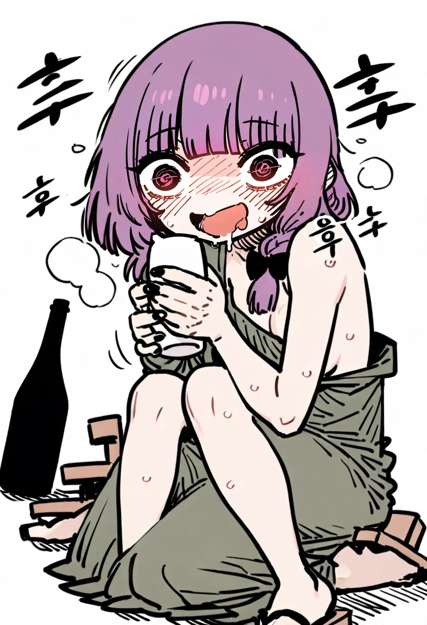 masterpiece, best quality,<lora:SSAMBAteaXL_ANI31_lokr_V53P1:0.95> 1girl, solo, geta, green dress, drunk, dress, braid, blush, alcohol, sitting, white background, bottle, bangs, hair over shoulder, @_@, long hair, simple background, open mouth, holding, blunt bangs, purple hair, korean text, black nails, bow, cup, hair bow, sake, two-tone jacket, drooling, sweat, jacket, single braid, multicolored jacket, looking at viewer, strap slip, black bow, nose blush, white jacket, smile