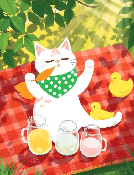 This digital drawing depicts an anthropomorphic white cat wearing a green polka-dotted bandana lying on a checkered red and orange blanket. The cat, with a serene expression, holds an orange leaf in its mouth and has a matching orange feathered sleeve. A yellow duck, looking curious, approaches it on the right. In the foreground, three glass jars containing drinks sit on the blanket, and sunbeams filter through nearby tree leaves, creating a peaceful outdoor picnic scene.
high quality, best aethestic, best composition