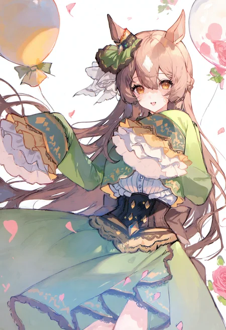 <lora:match2_noob1.1-000190:1>,
1girl, long hair, brown hair, horse ears, animal ears, solo, satono diamond \(umamusume\), balloon, horse girl, ear ornament, sleeves past wrists, sleeves past fingers, very long hair, looking at viewer, green skirt, long sleeves, flower, horse tail, tail, open mouth, green dress, skirt, hair between eyes, smile, dress, frills, rose, corset, green jacket, yellow eyes, white shirt, shirt, multicolored hair, braid, pink flower, pink rose,
masterpiece,best quality,newest,absurdres,highres,very awa,