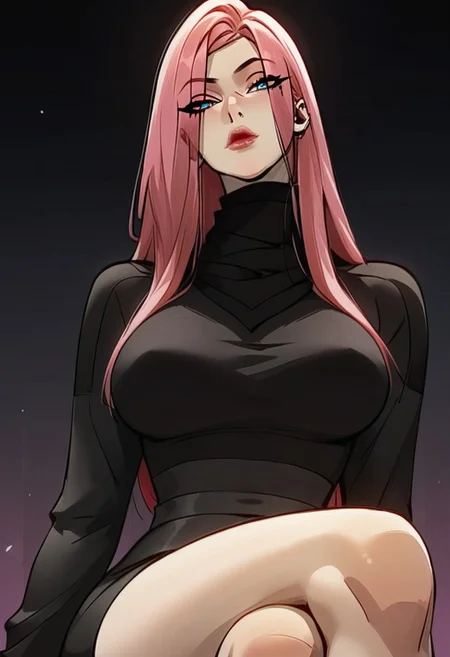 score_9, score_8_up, score_7_up, score_6_up, Expressiveh,
longshuyun, 1gir, pink hair, long hair, blue eyes, eyes visible through hair, makeup, lipstick, large breasts, black sweater, turtleneck, long legs, detailed face, full color, vibrant color, dynamic pose, dynamic angle, sitting, from below, head tilt, daylight