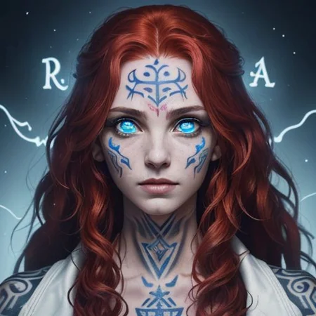bright red hair, human female, (feminine:1.7), (beautiful face, detailed face:1.6), (beautiful eyes, detailed eyes:1.7), (looking at viewer, eye contact, intense:1.6), (long hair, red hair, curly hair:1.3), , ((masterpiece, best quality, high resolution, realistic, best quality,)), photo realistic, Perfect Face, (detailed face). <lora:GoodHands-vanilla:0.6> <lora:add-detail-xl:0.8>, mage, (Dress White military uniform coat), dagger, rune dagger, glowing runes, , (((glowing magic symbols tattoos, religious tattoos))), ((face tattoos)), glowing tattoos, stone tower in the background