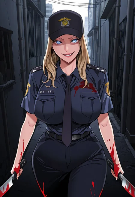 score_9, score_8_up, score_7_up, score_6_up, source_anime, BREAK, 1girl, solo, (( <lora:choi_joon-ye:1> , choi_joon-ye, beautiful blue eyes, clear eyes, bright pupils, beautiful eyes, beautiful blonde hair, beautiful long hair, huge and shaggy breasts, thin waist, wide hips, beautiful skin, natural beauty, extraordinary beautiful woman, attractive woman, super sexy woman, lustful body, sexy woman with seductive obscene body, sensual body, voluptuous body, sexy beauty, )) , (female south-korean prison guard uniform, short-sleeves navy-blue prison guard shirt with prison guard badge, dark blue tie, dark blue trousers with black belt, dark blue prison guard baseball cap with badge, )) , female focus, solo focus, looking at viewer, movie cut, dynamic angle, elegant, sashimi knife as weapon, (holding sashimi knife, ), weapon master, glowing eyes, pose, red blood theme, detailed body, detailed eyes, masterpiece, best quality, amazing quality, alley, city, big city, dirty cityscape, lots of blood on sashimi knife, crazy smile, blood on white clothes, evil smile, perfect hands, blood-stains on clothes,