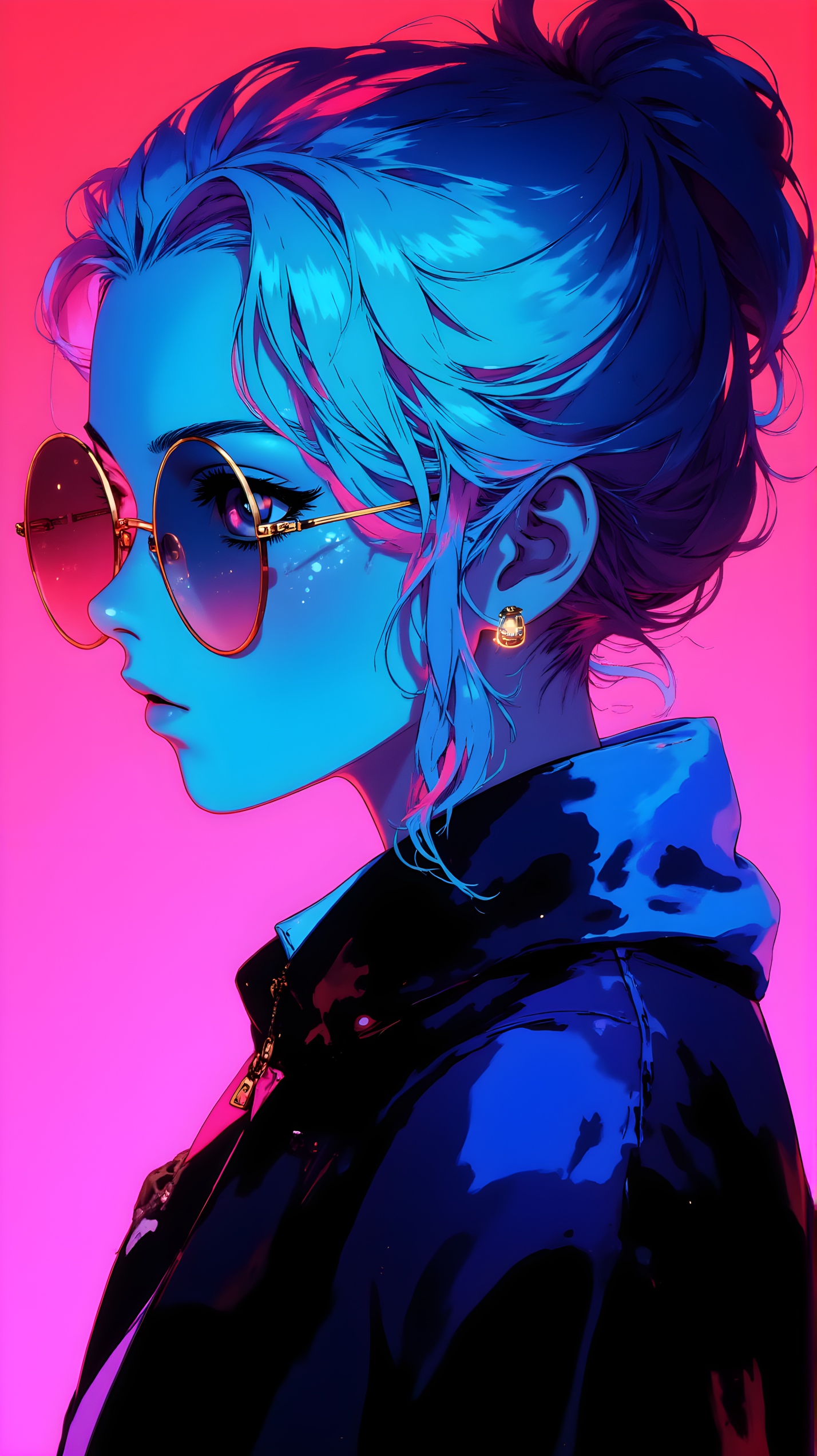 A vibrant and striking portrait featuring a person with long, flowing blue hair styled in loose waves. The individual is wearing round sunglasses with reflective lenses that add depth and intrigue to the composition. The background is a bold, neon pink, which contrasts sharply with the cool tones of the subject's hair and clothing, creating a visually dynamic effect.
The person's attire consists of a dark outfit, possibly a jacket or coat, which blends seamlessly with the overall color scheme. The lighting is dramatic, with highlights accentuating the contours of the face and hair, giving the image a three-dimensional quality. The use of contrasting colorsâcool blues against warm pinksâcreates a futuristic and edgy aesthetic, evoking a sense of modernity and style. The overall mood is mysterious and captivating, drawing the viewer into the vivid and imaginative world portrayed in the artwork.
j_art, anime, anime art, <lora:FLUX\jul\J_Anime:0.7>, <lora:FLUX\RealAnime:0.7>