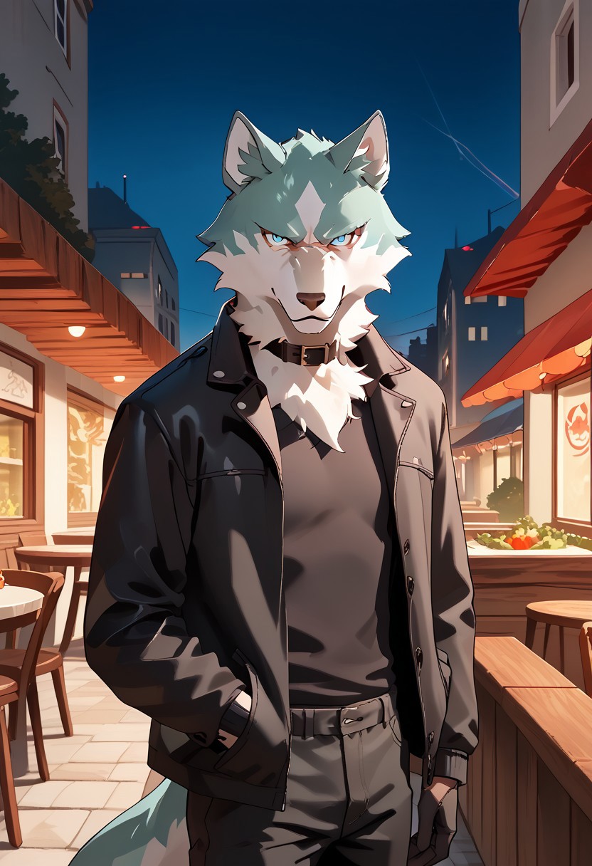 score_9_up, score_8_up, score_7_up, masterpiece, best quality, amazing quality, very aesthetic, absurdres, newest,  high quality, detailed, male, solo male, Shirou Ogami, 1boy, mature male, male, athletic build, anthro, wolf, animal ears, white and teal fur, ice blue eyes, black leather jacket, black sweater, black gloves, dark gray pants, black choker collar, half body, looking at viewer, stern expression, outdoors, balcony, outdoor restaurant, night, volumetric lighting