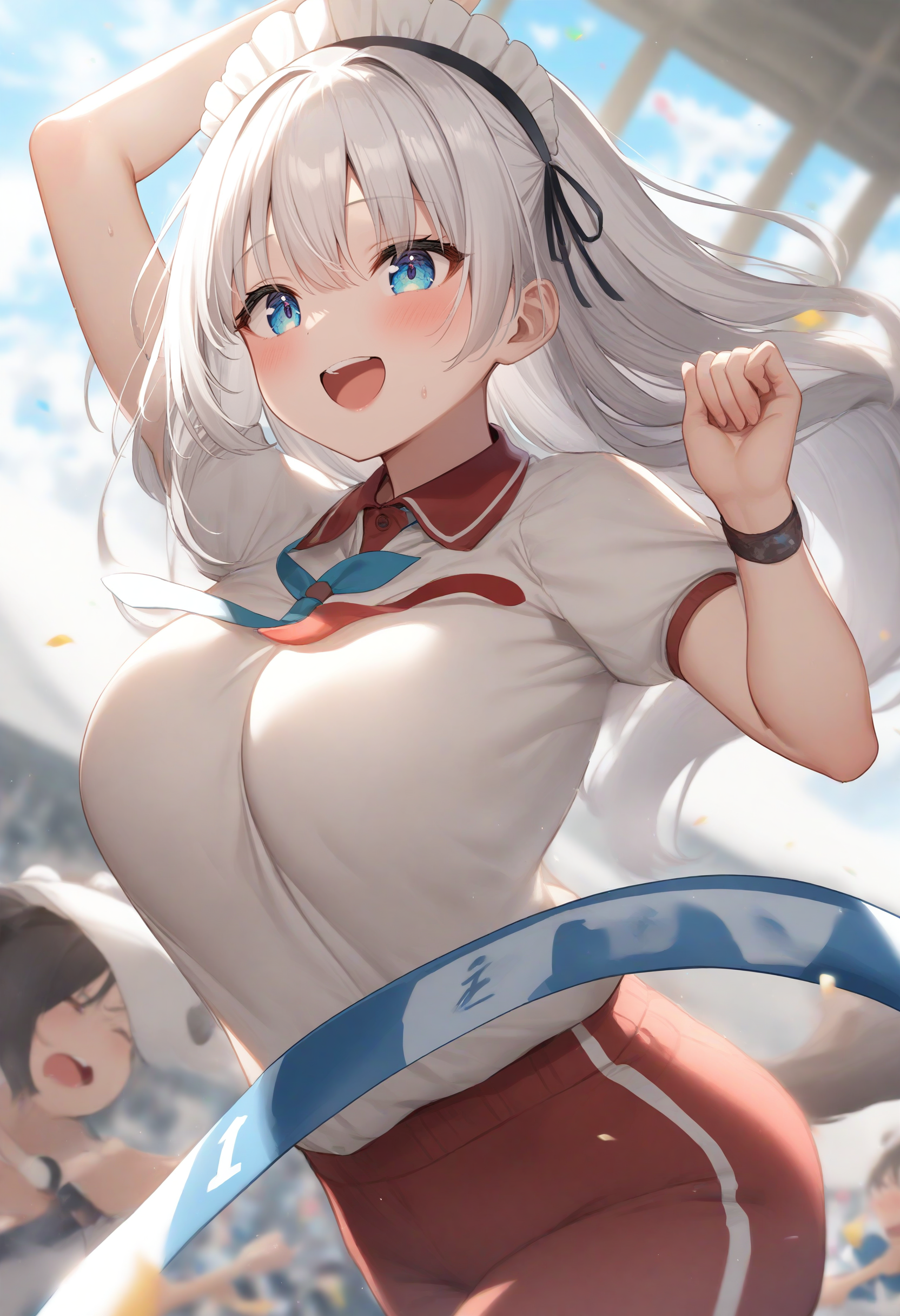 1girl,sincos, ningen mame, toosaka asagi,solo,medium breasts,20yo,maid,maid headdress,maid apron,skirt,
finish line, arm up, bouncing breasts, day, outdoors, running, sports festival, <lora:finishline_XL_v1:0.8>
ceiling, fisheye lens, looking up, white hair, blue eyes,teasing smile, cave, open mouth, lightly curled inwards hair,,
best quality, very aesthetic, absurdres