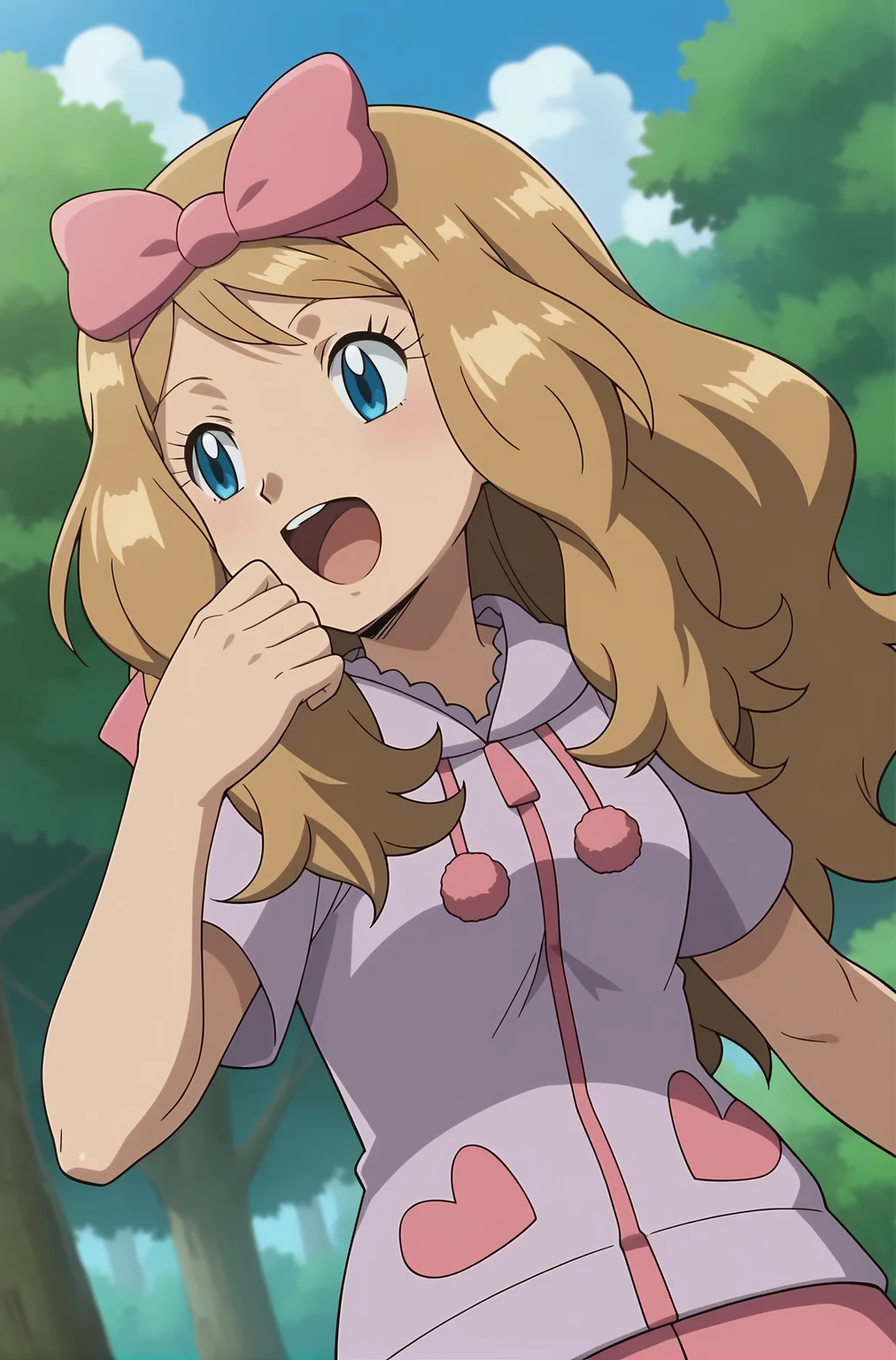 score_9, score_8_up, score_7_up, source anime, anime, animification, anime screencap, anime coloring, vivid colors, shiny skin, skindentation, deep skin, depth of field, high quality, highres, (dynamic angle,dynamic pose),
serenapajamas, 1girl, solo, long hair, smile, open mouth, blue eyes, half-closed eyes,blonde hair, bow, upper body, short sleeves, yawning, hair bow, outdoors, sky, tongue, cloud, hand up, hood, tree, eyelashes, pink bow, anime coloring, serena \(pokemon\)
BREAK
masterpiece,high quality
<lora:Serena_Pajamas_XL:0.9>