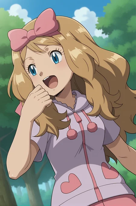 score_9, score_8_up, score_7_up, source anime, anime, animification, anime screencap, anime coloring, vivid colors, shiny skin, skindentation, deep skin, depth of field, high quality, highres, (dynamic angle,dynamic pose),
serenapajamas, 1girl, solo, long hair, smile, open mouth, blue eyes, half-closed eyes,blonde hair, bow, upper body, short sleeves, yawning, hair bow, outdoors, sky, tongue, cloud, hand up, hood, tree, eyelashes, pink bow, anime coloring, serena \(pokemon\)
BREAK
masterpiece,high quality
<lora:Serena_Pajamas_XL:0.9>