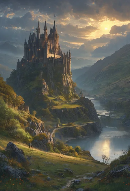 A captivating night scene illustration featuring Camelot large  hill overlooking a lake in Wales.   Camelot ancient but well maintained and updated and comfortable to live in.  This enchanting artwork captures a serene and peaceful early morning, where the sun is just starting to rise over the beautiful hills and Camelot  which   stands resolute amidst hills of Wales, creating a cinematic experience back to the times of King Arthur and his knights, 
 illustration, cinematic
<lora:DonM3t3rn1tyXL-v1.1:0.7>, DonM3t3rn1tyXL,
OverallDetailXL  <lora:MJ52:0.3>  <lora:SDXLFaeTastic2400:0.4>  <lora:EpicF4nta5yXL:0.7>