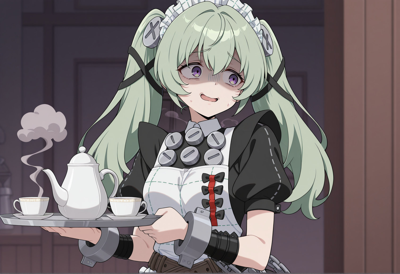 anime screencap, anime coloring, anime screenshot, 1girl, solo, long hair, green hair, twintails, screw hair ornament, maid, maid headdress, maid unifrom, screw, apron, wristbands, shackles, short sleeves, puffy sleeves, belt, chain, worried, looking to the side, nervous smile, open mouth, shaded face, purple eyes, holding tray, cup, teapot, smoke <lora:corin_illus:1>, masterpiece, best quality, amazing quality, very aesthetic, absurdres, highres, newest