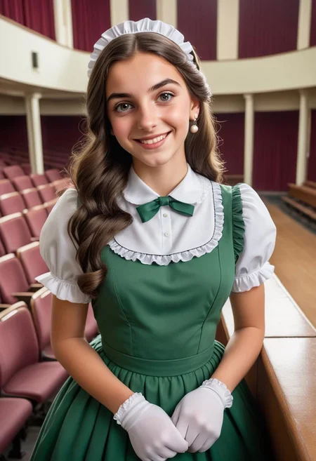 halfbody coloured vintage portrait of a smiling ugly teen, very large nose, slanted eyes, girl with long dark hair, wearing ((otherwise victorian maid green dress)), necklace, earrings, hands behind, (All alone in a completely empty school auditorium:1.25), stylish and elegant appearance, wide angle perspective, 1950s