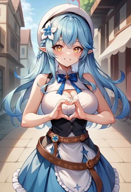 score_9, score_8_up, score_7_up, source_anime, 1girl, solo, LamyBase, blue hair, long hair, heart ahoge, hair flower, beret, white headwear, white shirt, frills, sleeveless, bare arms, blue bowtie, cleavage cutout, black corset, brown belt, blue skirt, frilled skirt, white thighhighs, standing, outdoors, heart hands, smile, :d, blush, <lora:ChamYukihanaLamyPony:1>