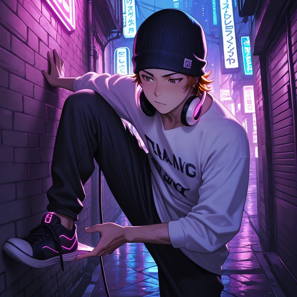 masterpiece, best quality, amazing quality, absurdres, newest, detailed background, definition so sharp, Ultra-HD, 8K cinematic, very awa, impressionate, amazing quality, highres, 
solo, male focus, manly, 
1boy, short hair, beanie, headphone, misaki_orange hair, misaki_brown eyes, misakiyata, casual streetwear, graphic t-shirt, city alley, vibrant lighting, neon glow, upbeat, cool, rhythmic, youthful spirit, leaning against wall, tapping foot, listening to music,