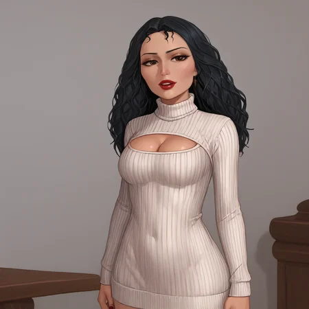 <lora:mothergothel_pony_v1:.8>mothergothel, 1girl,  solo, makeup, long hair, black hair, lipstick, red lipstick, long sleeves, large breasts, fingernails, dark skin, cowboy shot, <lora:open-chest-sweater-ponyxl-lora-nochekaiser:1> open-chest sweater, ribbed sweater, cleavage cutout, meme attire, clothing cutout, turtleneck, sweater dress, cleavage, clothes tug, sweater pull, cleavage reach,