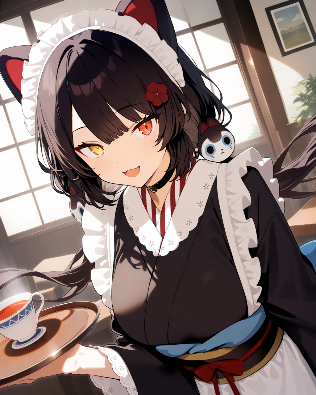 1girl, InuiTokoNijisanji, 
safe, solo, dutch angle, upper body,
\:D, looking at viewer,
holding tray, tea,
maid headdress,
yellow eyes, red eyes,
low twintails, hair ornament,
hair flower,
black kimono, large breasts,
long sleeves, maid apron, obi, red bow,
indoors, caffe, table,
<lora:kp_InuiTokoNijisanjiAnimagineXL_v1_1:1.0>,
masterpiece, high score, great score, absurdres