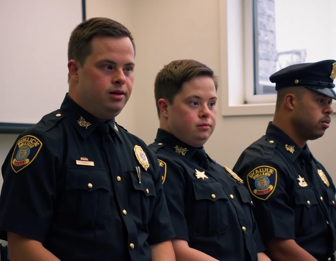A still from the film "Police with Down Syndrome Academy 4" showing this years recruits graduating.