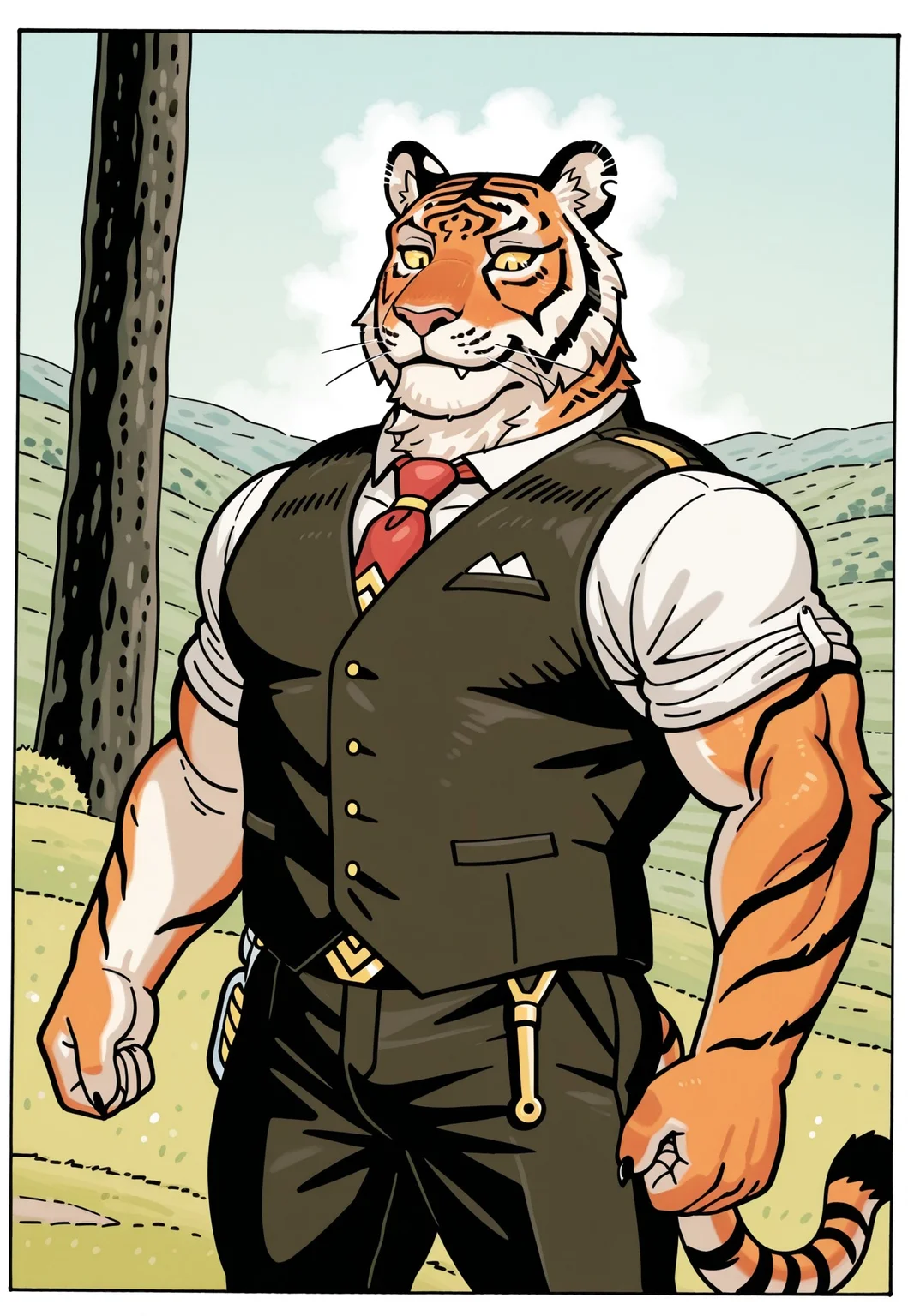 score_9_up, score_8_up, score_7_up, (((jlada_style))), (ilustration), (bold outlines),
best quality, newest, absurdres, highres, 1boy, solo,Anthro,Anthro,tiger,Oscar,yellow sclera,black pupil,orange fur,black marks,muscular male,tiger ears,upperbody,outdoors,vest,black pants