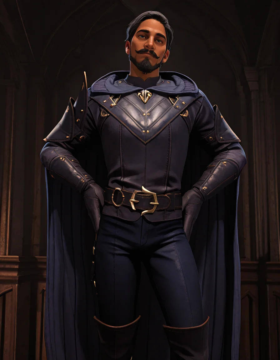 cinematic_depth, 8k, soft_lighting, warm_glow, ultra_high_quality, masterpiece, best quality, newest, perfect quality, best quality, detailed background, intricate details, male focus, solo, realistic, <lora:Dragon Age Veilguard - Viago de Riva - Illustrious 2_1-000006:0.7>, dav_viago, 1boy, mature male, black hair, short hair, dark skin, beard, mustache, blue eyes, leather armor, hooded cloak, single pauldron, leather belt, leather gloves, leather pants, leather boots, indoors, looking at viewer, hands on hips, looking at viewer, head tilt