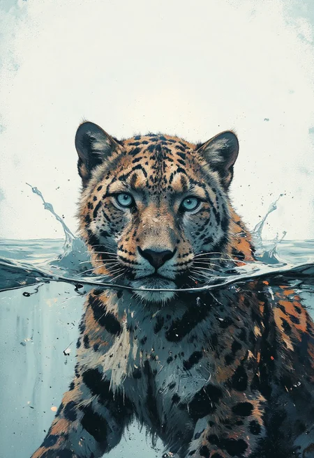 A majestic snow leopard with piercing icy blue eyes partially submerged in crystal-clear water, with only its head visible above the surface. The water gently ripples around its face, creating a soft splash effect. The leopard's fur is wet and slightly matted, glistening under a soft, bright light that creates a high-contrast, minimalist look. The background is clean and light, almost white, with a faint gradient to emphasize the serene, cold atmosphere
