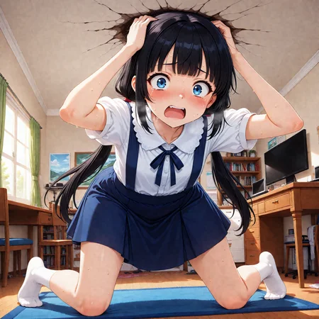 masterpiece, best quality, high quality, highres, absurdres, insanely detailed, amazing quality, very aesthetic, newest, Anime screencap, zPDXL3, sfw,
<lora:Hyper-SDXL-8steps-lora:1>, <lora:StS-Illustrious-Detail-Slider-v1.0:3>, <lora:illustriousXL_stabilizer_v1.7:0.8>,
1girl, solo, black hair, bangs, Straight bangs, blunt bangs, hime cut, long hair, straight hair, low twintails, long pigtails, hair tie,
dress, blue dress, white blouse, neck ribbon, bule ribbon, suspenders, suspender skirt, white socks,
indoor, Messy bedroom, messy room, bed, monitor, table, bookshelf, window, curtain, carpet, desk, chair, wooden floor, illumination,
open mouth,embarrassed,blush,wide-eyed, angry,raised eyebrows, perplexed, sweat, perspired, heavy breathing, pain, tears, cry, crying,
<lora:GiantessCrampedIllustrious-V1:1>head against ceiling, cracks, cracked ceiling, dynamic angle,
all fours, crawling, bent over, leaning forward, grab head,