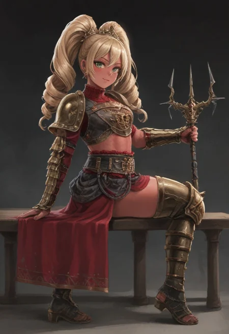 Elegant adult female, blonde, green eyes (yellow eyelashes) crown, turtleneck, full body sitting on a bench, showing ass to me, RED breastplate, RED skin (1SologirlRED skin:1.2), looking at viewer, shiny, armor, thigh highs, high boots, pauldrons shoulder armor, faulds, poleyn, RED gloves gauntlets, rerebrace, RED military armored boots, yordle muscular lean platinum blonde long twin tails hairstyle at the bedroom lustful smirking smile face red blushed, blush, strong abs, female body builder, tiara, twin drills hair (masterpiece, best quality, ultra detailed, best shadow)