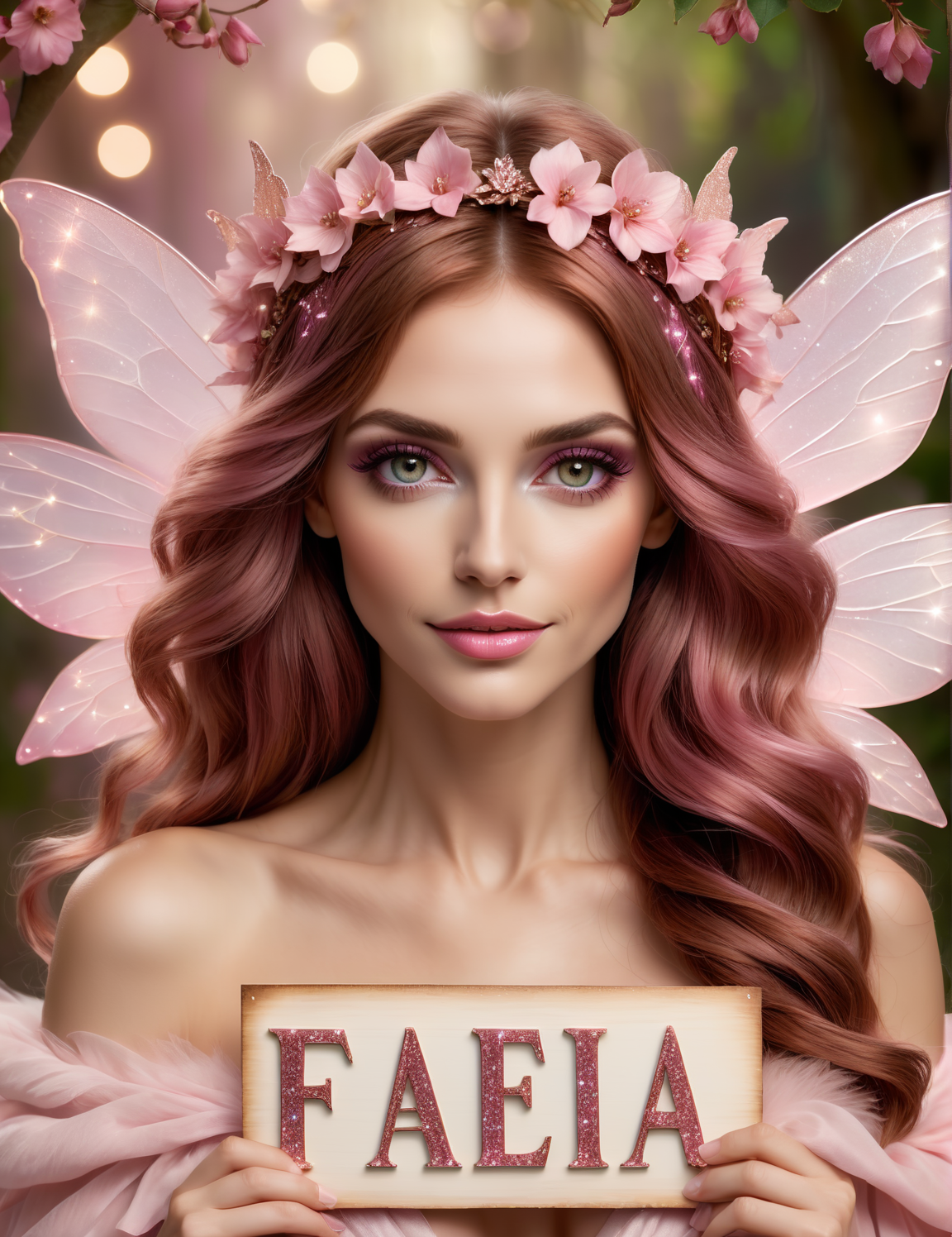 photo of an beautiful fairy holding a sign that says FAEIA in sparkling pink letters, adorable, pink hues, brown hair and eyes, 8k, high quality