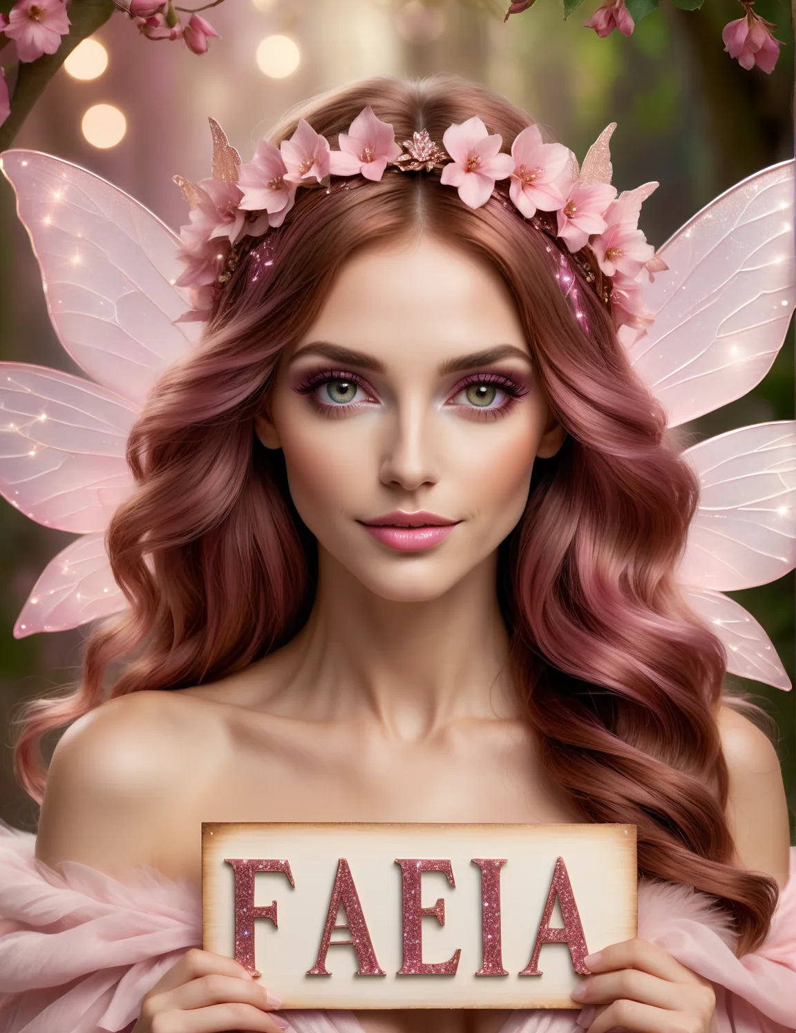 photo of an beautiful fairy holding a sign that says FAEIA in sparkling pink letters, adorable, pink hues, brown hair and eyes, 8k, high quality