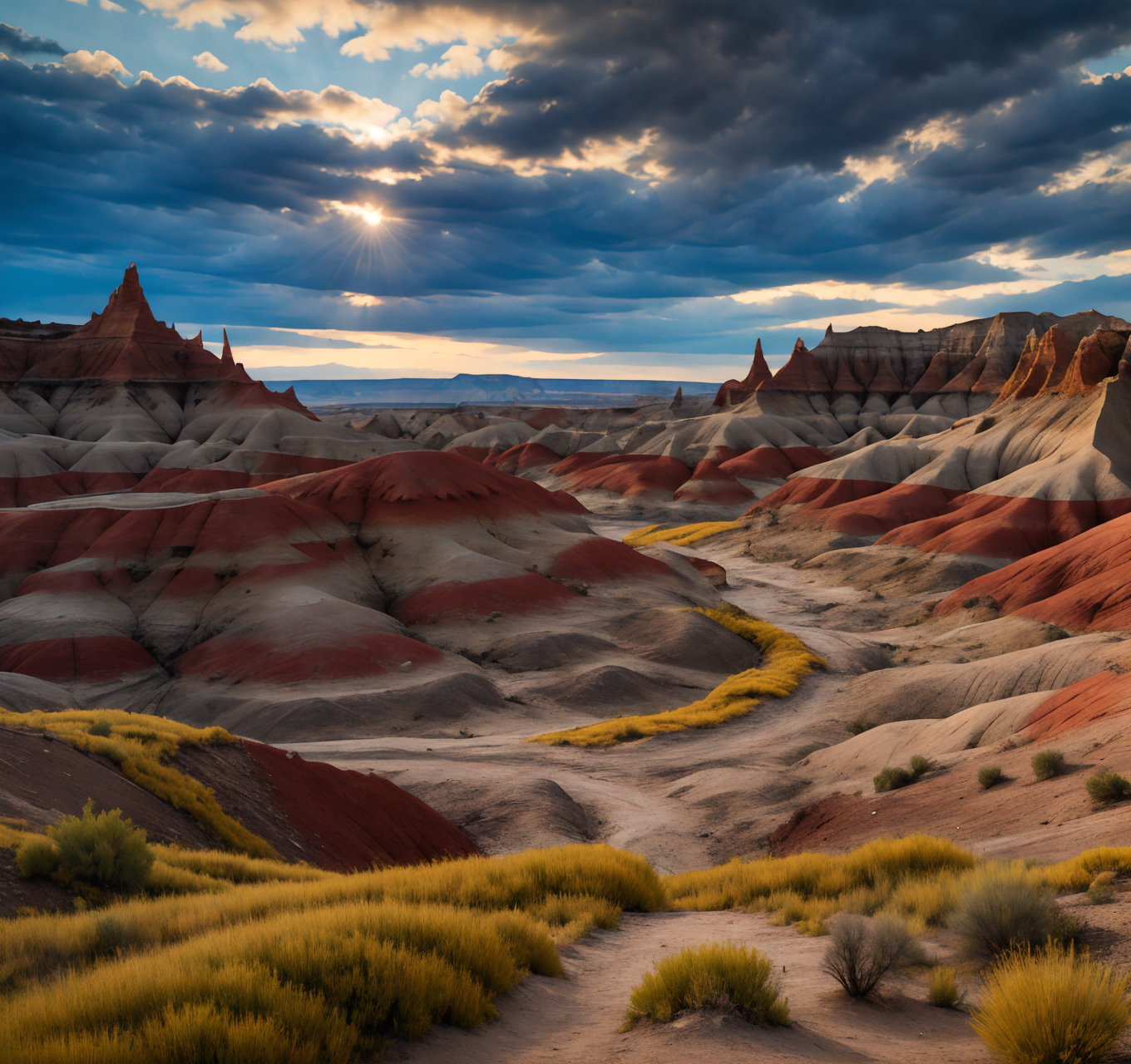 RAW photo, (masterpiece:1.3), subsurface scattering, heavy shadow, (high quality:1.4), (intricate, high detail:1.2), professional photography, HDR, High Dynamic Range, realistic, ultra realistic, photorealistic, high resolution, film photography, ambient lighting, atmospheric effects, <lora:detail_slider_v4:2>, OverallDetail,  <lora:Badlands:1>,badlands, blue sky, bridge, dark clouds, day, desert, fog, grass, hill, horizon, landscape, mountain, mountainous horizon, no humans, outdoors, painting \(medium\), river, road, scenery, sky, sun