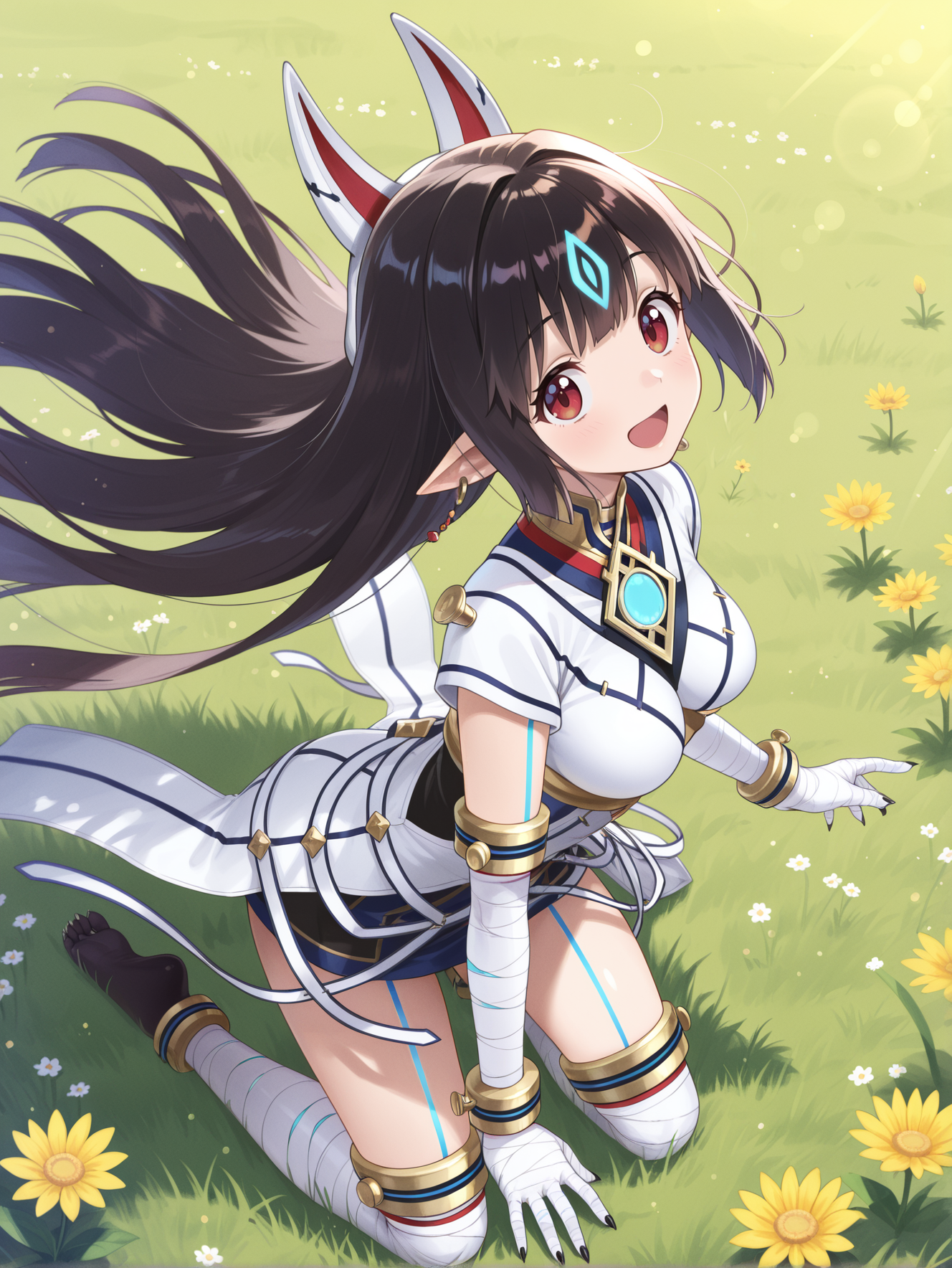 kasandra \(xenoblade\), 1girl, solo, smile, from above, floating hair, open mouth, looking at viewer, kneeling, barefoot, fox mask on head back, white japanese dress, white bandaged gloves, ball earrings, blue body tattoo, blue chest jewel, white bandaged legwear, full body, black animal feet, black sharp fingernails,on grass, yellow flower
masterpiece,best quality,amazing quality,very aesthetic,absurdres,newest,<lora:Xenoblade Chronicles 2 - Kasandra illusXL v1.2:0.75>,