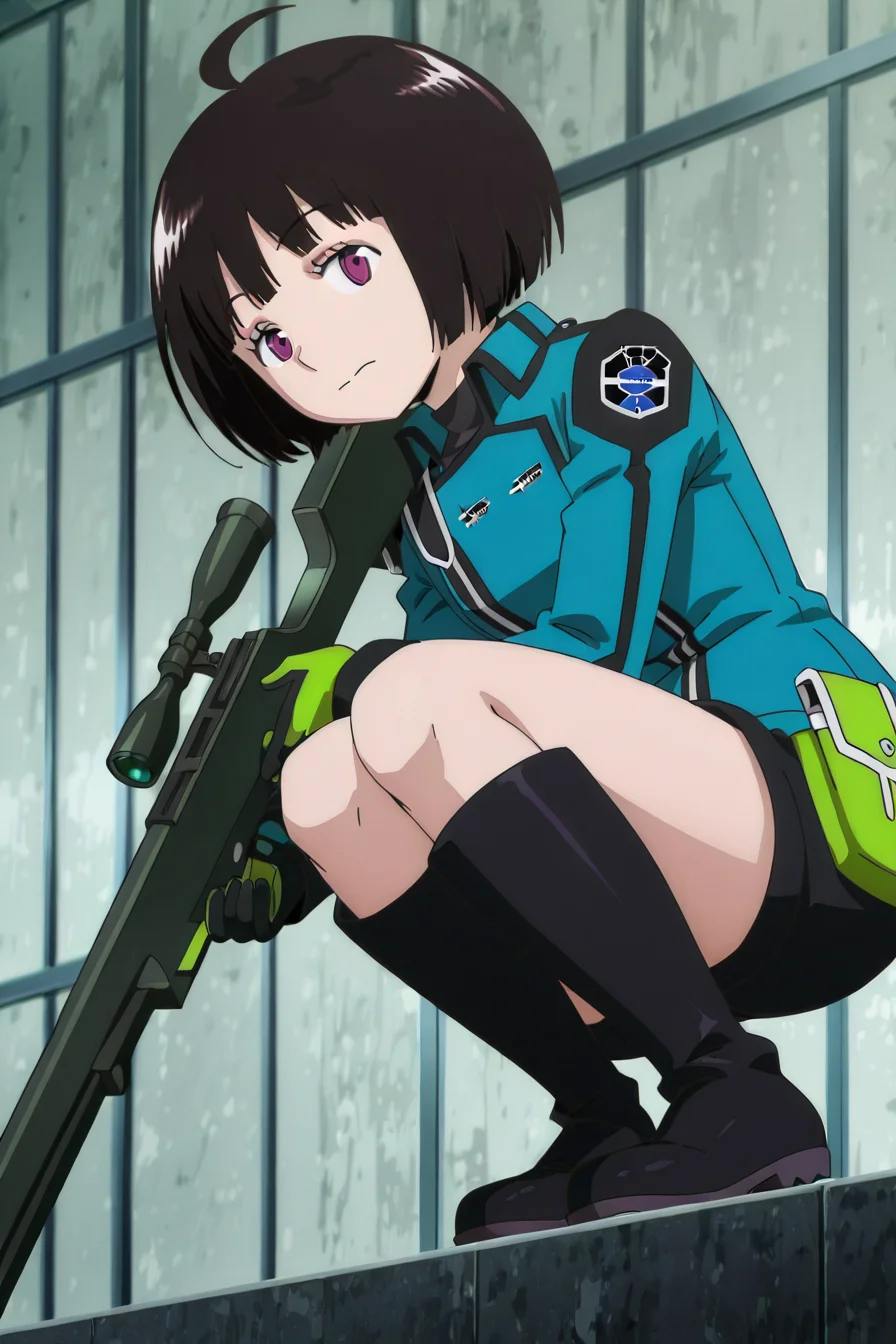 posing,
<lora:worldtrigger.il:1>,
worldtrigger,
chika, tamakoma,
wide hips,
crouching, sniper rifle,