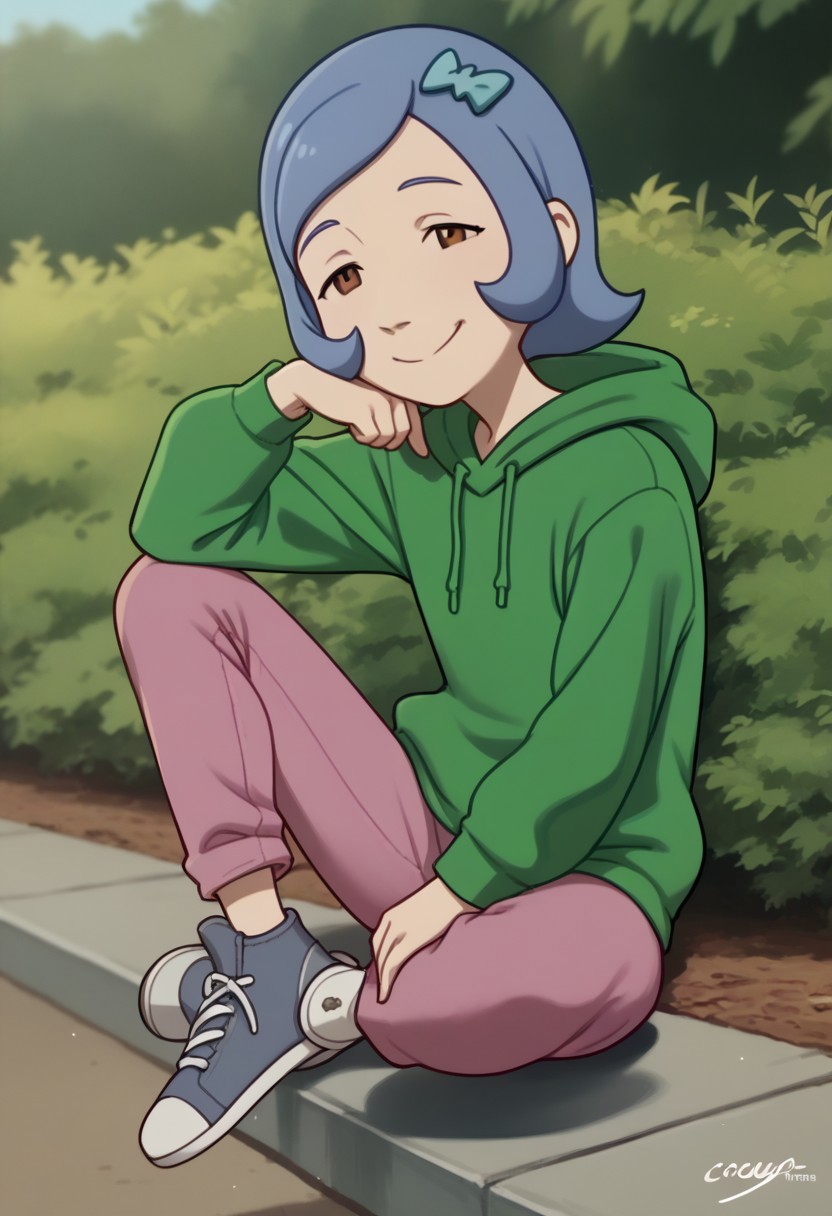 score_9, score_8_up, score_7_up BREAK viodg, 1girl, pastel indigo hair, cyan bow, brown eyes, green hoodie, pink pants, gray shoes, happy at viewer,