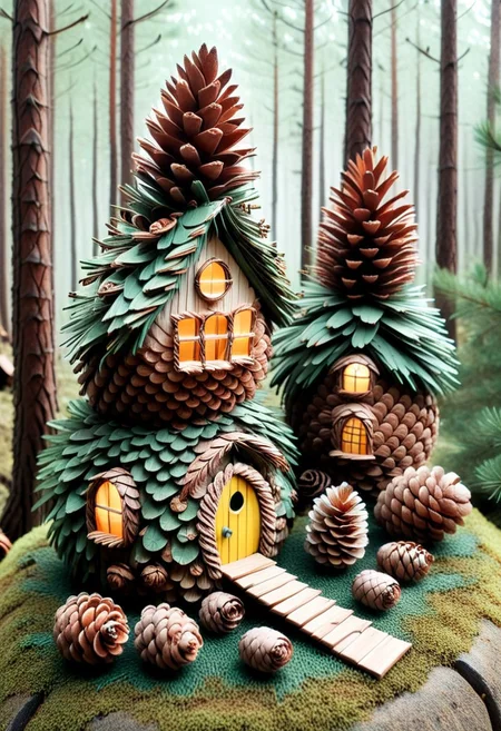a charming and whimsical miniature village nested deep in the forest, made completely of pinecones, pines and needles, made of trees, cinematic and surreal, storybook surrealism