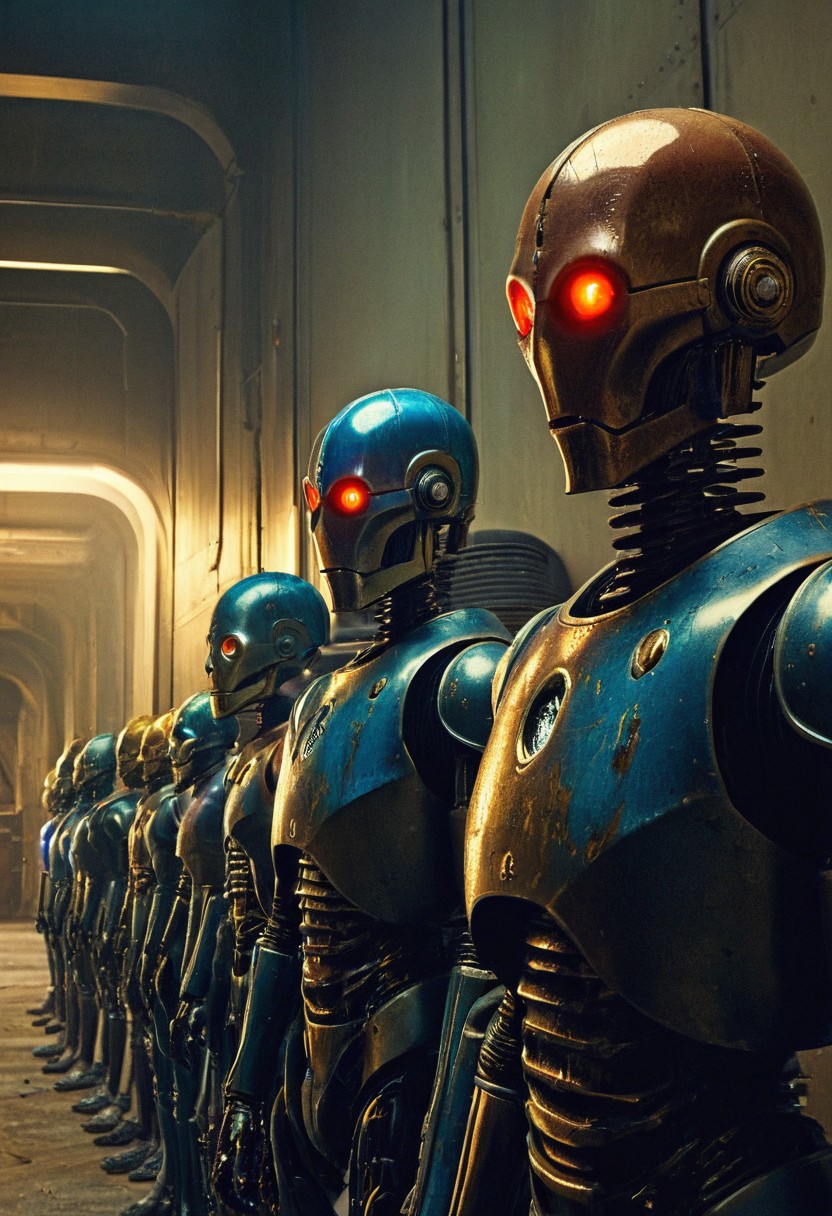 droids posed in a line ,standing, (eyes glowing:1.2 ), armor cracks glowing blue from within,worn black armor,rust,scratches,panels,robust,rivets,bolts,intricate, horrifying, dreadful,chtonic,menacing,ominous, (evil with in:1.4), evil energy, atmosphere of horror and terror,science fiction,evil machinery,analyze target,ready for strike
best quality,masterpiece,absurdes,surreal,mysterious, exciting, disturbing,creepy and beauty,archenemy,otherworldly,mood contrast between subject and background,outstanding,proffesional, masterwork,dynamic composition,(acid bleeding deep colors:1.3),colorful,color contrast,primary colors,no gradients,chiaroscuro,eerie atmosphere,close-up