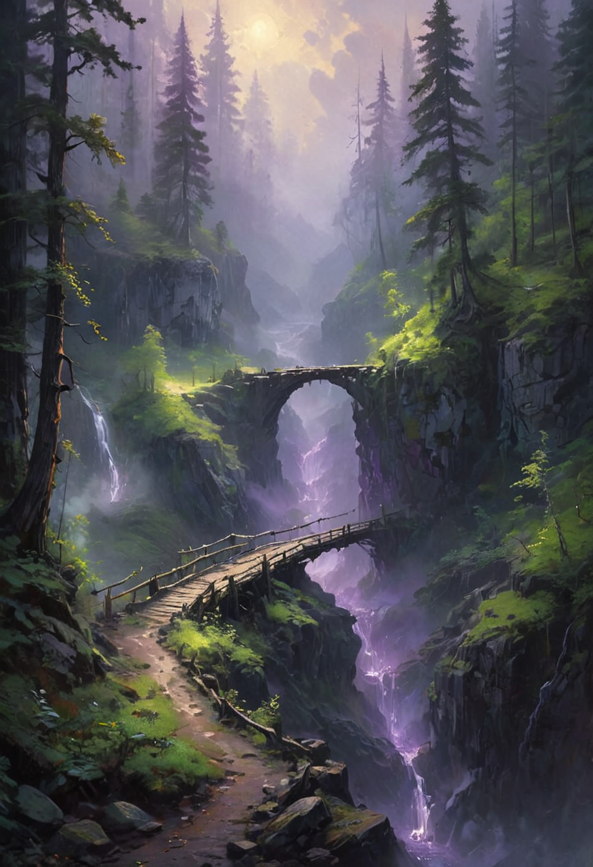 A rickety bridge stretches precariously across a deep chasm, connecting two rugged sides of a dense forest nestled within rocky mountains. The forest is thick with towering trees, their leaves a lush green canopy that barely lets any light through. The sky above is a muted blend of grays and purples, casting a somber glow over the landscape. Smoke rises gently from an unseen source, mingling with the thick mist that clings to the ground, creating an eerie and mysterious atmosphere. The overall setting is dark and foreboding, yet strangely beautiful, as the interplay of light and shadow brings the forest to life. [romantic impressionism,dream scenery art,beautiful oil matte painting,romantic,style of thomas kinkade,beautiful digital painting,anime landscape,romantic painting,dreamlike digital painting,colorful painting,beautiful gorgeous digital art,style of greg rutkowski,janek sedlar,jenny saville:0] <lora:vivid_everclear:0.6> <lora:Sinozick:0.65> <lora:WildcardX-XL-Detail-Enhancer:0.8>