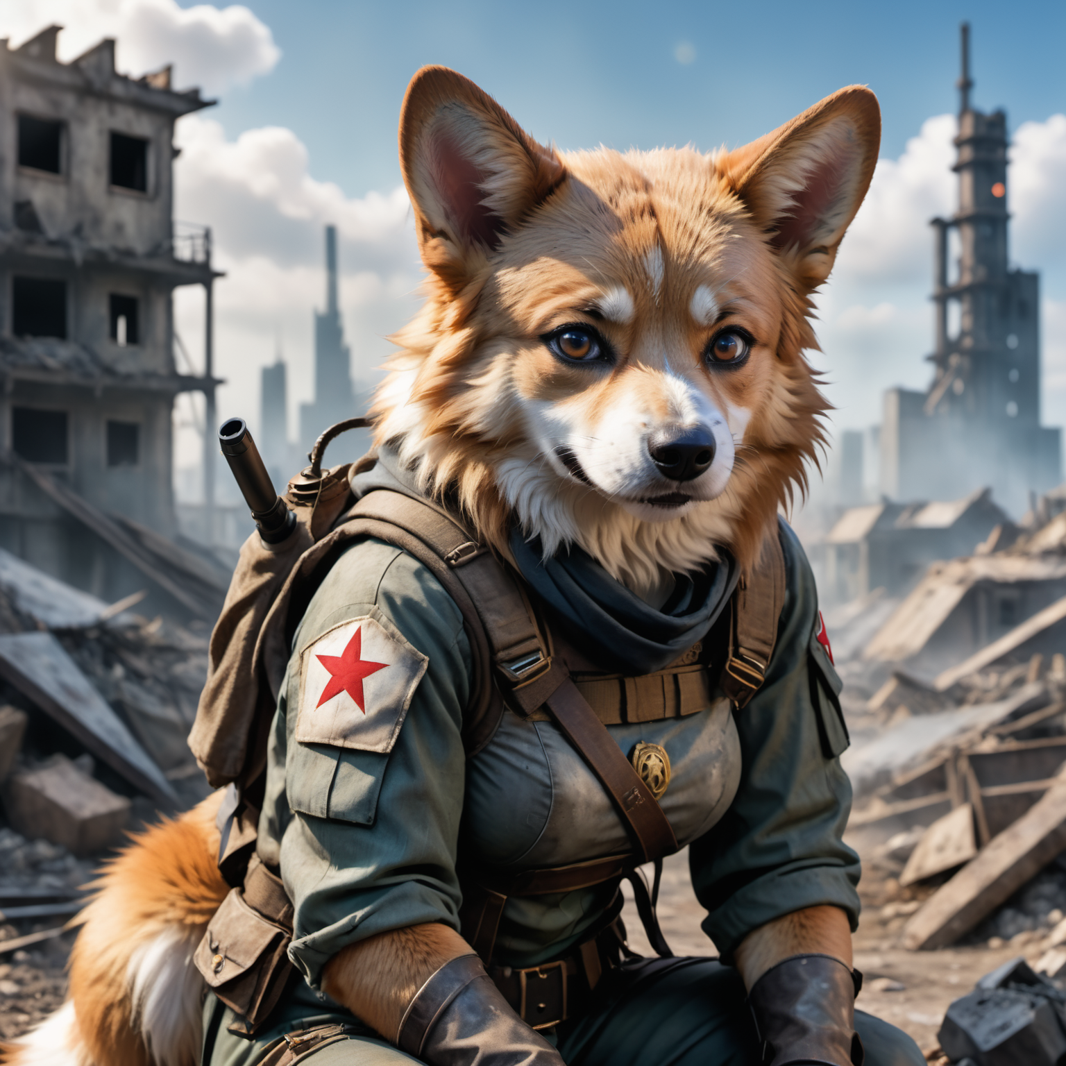 anime artwork (Highest Quality, 4k, masterpiece:1.1), (realism, photorealistic:1.4), ray traced, hyper realism, soft lighting, detailed background, film grain, (detailed fur texture:1.3),
BREAK
(anthro female corgi), ((wearing post apocalyptic outfit:1.2)), inside a destroyed city after nuclear blast, sitting on a ammonition chest,looking down from a hill, holding a gun, looking angry, visible fangs (perfect anatomy),((paws)), (aurora borealis), (close up:1.3) . anime style, key visual, vibrant, studio anime,  highly detailed, high quality photography, 3 point lighting, flash with softbox, 4k, Canon EOS R3, hdr, smooth, sharp focus, high resolution, award winning photo, 80mm, f2.8, bokeh