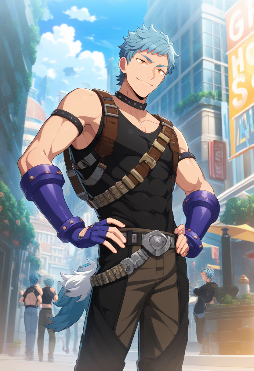 1boy, male focus, 
<lora:Character_-_Helios_Rising_Heroes_-_Asch_Albright:1> asch, blue hair, orange eyes,  
((zPDXL)), score_9_up, score_8_up, score_7_up, score_6_up, score_5_up, score_4_up, best quality, amazing quality, best aesthetic, absurdres, year2023, nsfw, game cg,  official art, official style, anime screencap,
outdoors, city, hands on own hips, black tank top, belts, brown pants, fingerless gloves, smile,