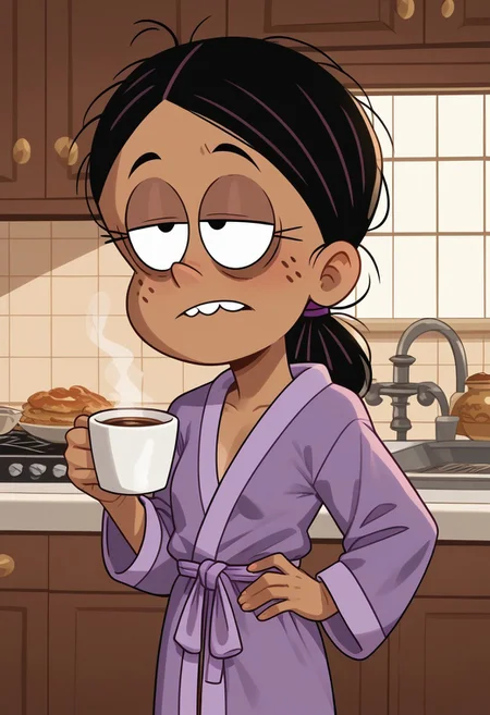 score_9, score_8_up, score_7_up, score_6_up, 1girl,solo,best quality,4k,
dark tan skin, black hair, hair down, messy hair, freckles on her cheeks, two buck teeth,show accurate, perfect anatomy, four fingers,
indoors, kitchen background, show accurate, perfect anatomy, perfect hands, wear only purple bathrobe, loose clothes, one hand holding cup of coffee, one hand on hip, perfect hands, bags under eyes, sleepy eyes, loose clothes, eyes half close, small breast,