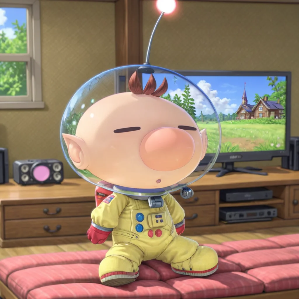man sitting on couch, watching tv, PikminOlimarXL, pink nose, <lora:PikminOlimarXL:0.7>, (anime, masterpiece, intricate:1.3), (best quality, hires textures, high detail:1.2), (4k),(incredibly detailed:1.4),UHD, 8K, ultra detailed