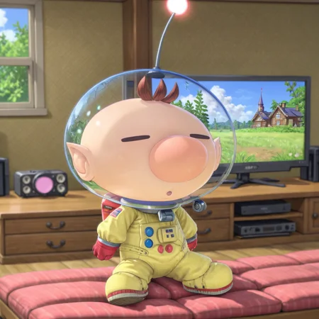 man sitting on couch, watching tv, PikminOlimarXL, pink nose, <lora:PikminOlimarXL:0.7>, (anime, masterpiece, intricate:1.3), (best quality, hires textures, high detail:1.2), (4k),(incredibly detailed:1.4),UHD, 8K, ultra detailed