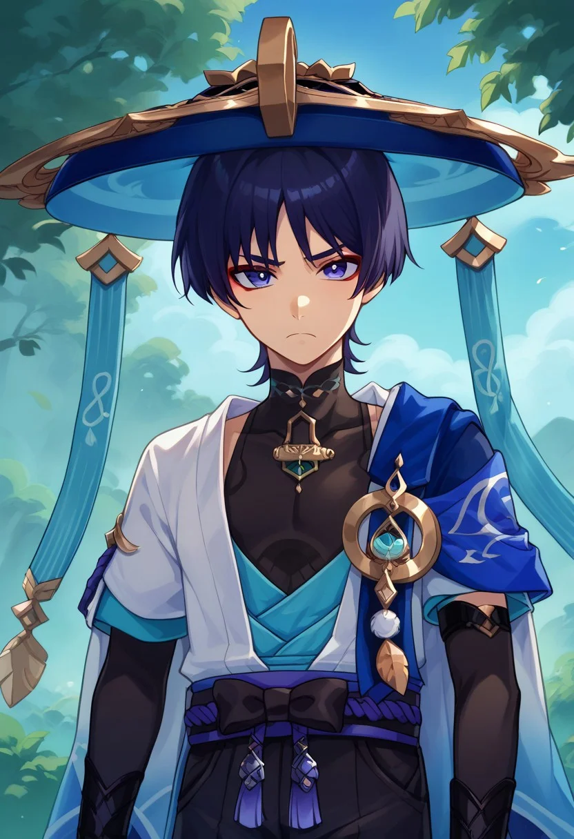 score_9, score_8_up, score_7_up, source_anime, highly detailed,
scaramou,1boy, male focus, solo, indigo hair, short hair, bangs, purple eyes, red eyeshadow,, japanese clothes, hat, blue headwear, jingasa, kurokote, mandarin collar, shirt, black shirt, sleeveless, vest, blue vest, open vest, cape, blue cape, elbow gloves, black gloves, fingerless gloves, kote, belt, purple belt, tassel, shorts, black shorts,
frown, looking at viewer,
outdoor,